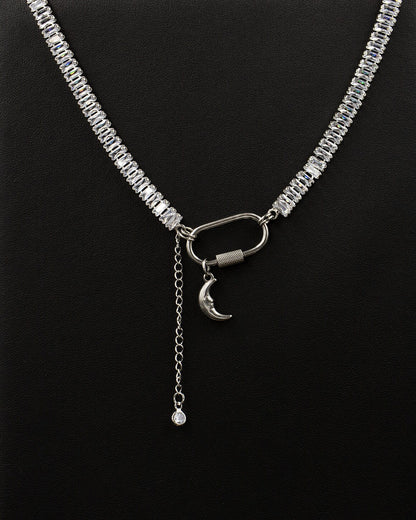Silver Cut Cubic Zirconia Tennis Choker with Moon Charm