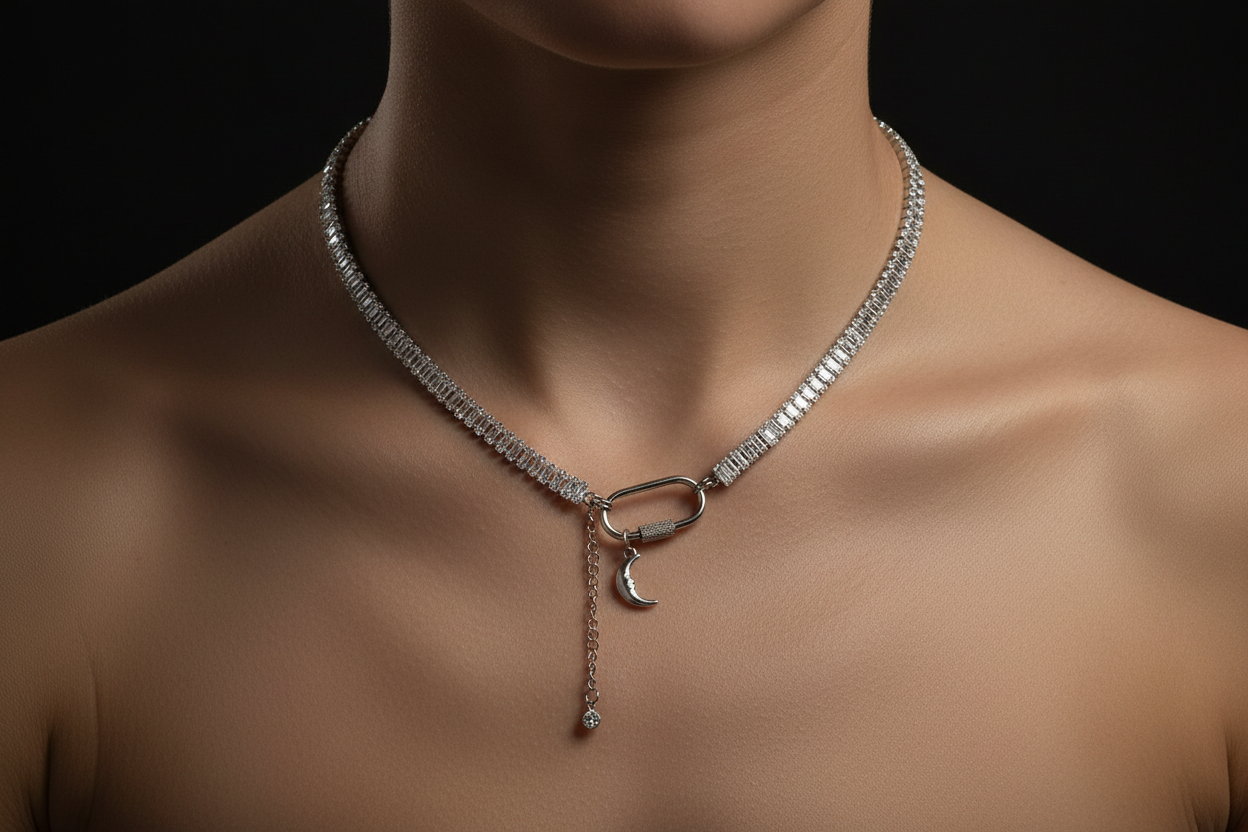 Silver Cut Cubic Zirconia Tennis Choker with Moon Charm