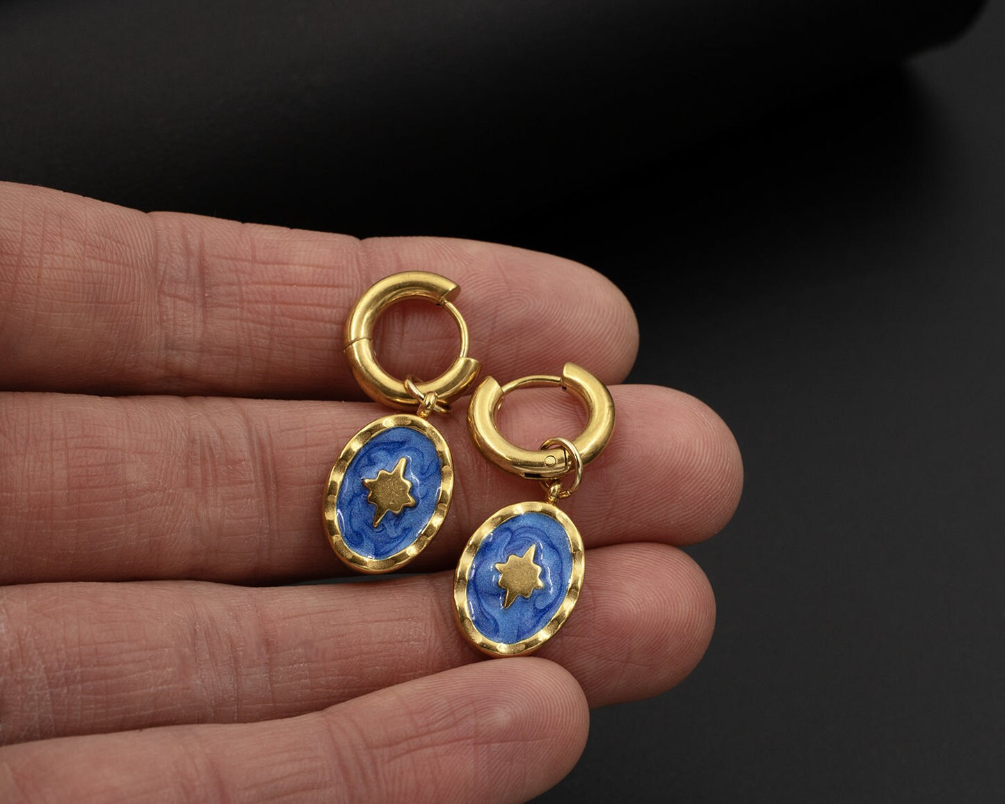 Gold Enamel Star Hoop Earrings