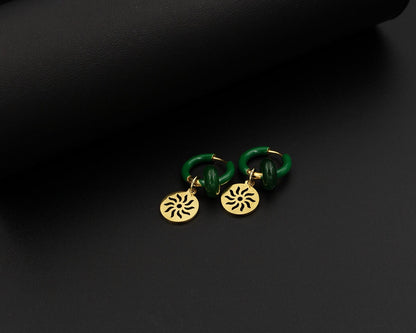 Gold Sun and Green Jade Earring Hoops