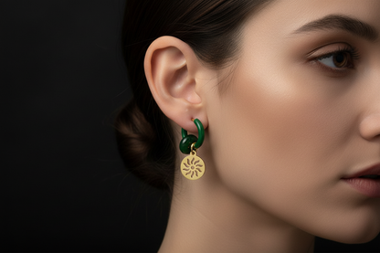 Gold Sun and Green Jade Earring Hoops