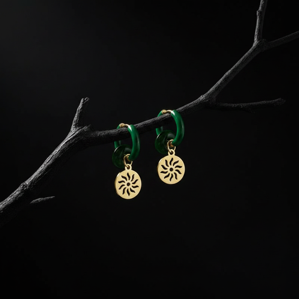 Gold Sun and Green Jade Earring Hoops