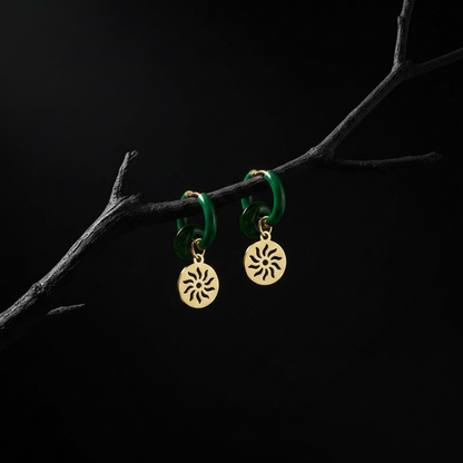 Gold Sun and Green Jade Earring Hoops