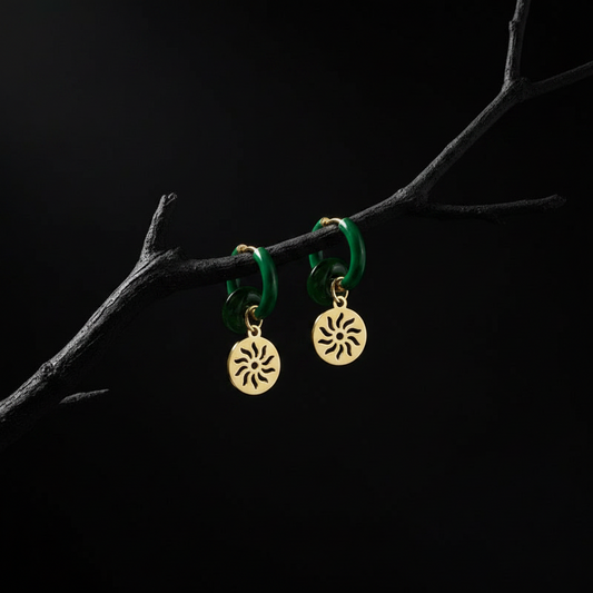 Gold Sun and Green Jade Earring Hoops