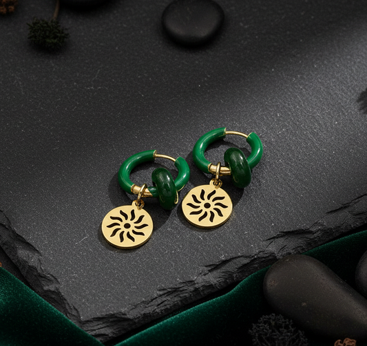 Gold Sun and Green Jade Earring Hoops