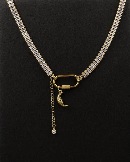Gold Cubic Zirconia Tennis Carabiner Choker with Moon