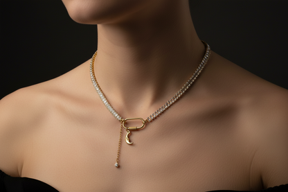 Gold Cubic Zirconia Tennis Carabiner Choker with Moon