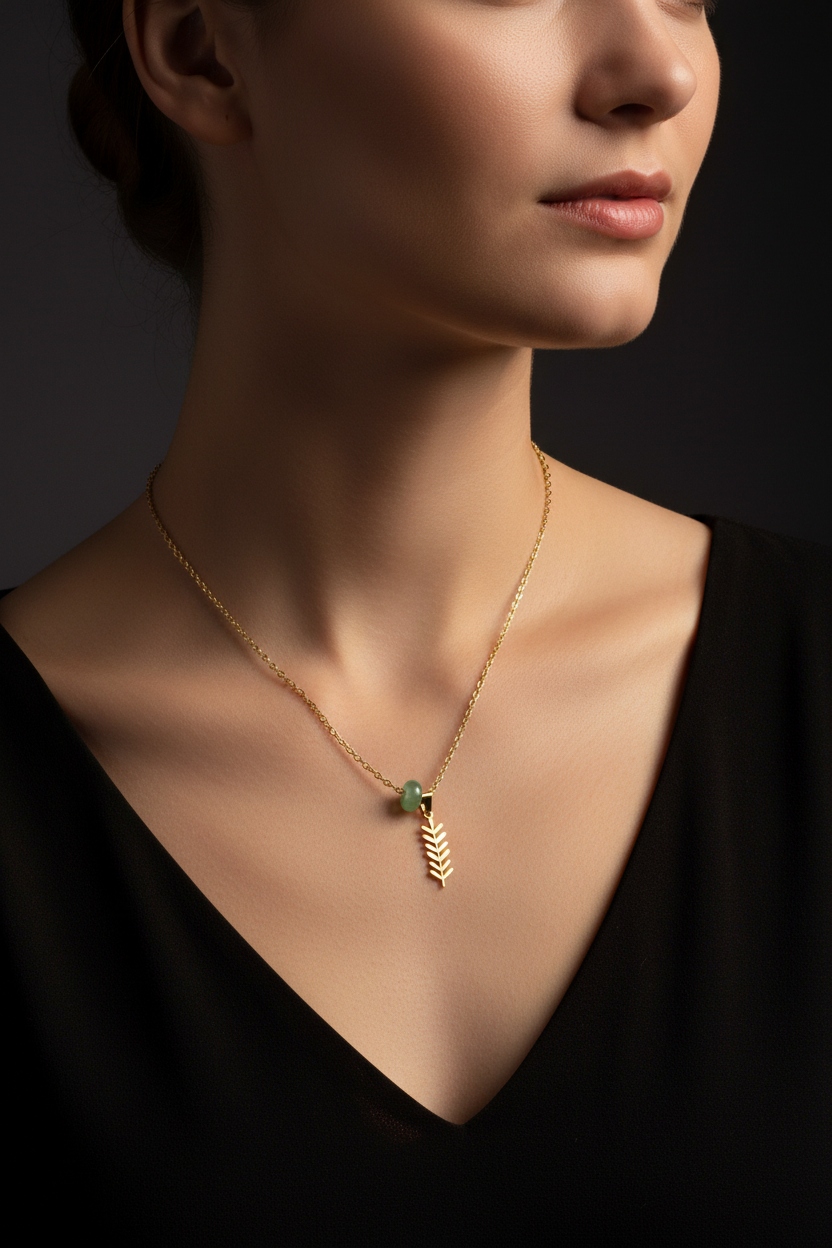 Gold Fern Leaf Necklace with Green Jade