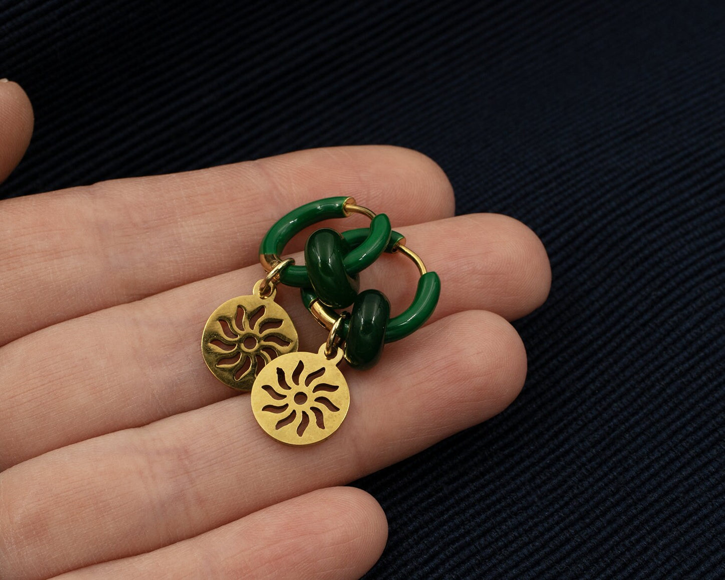 Gold Sun and Green Jade Earring Hoops