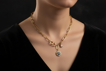 Gold Paperclip Chain Heart Necklace with Carabiner Clasp