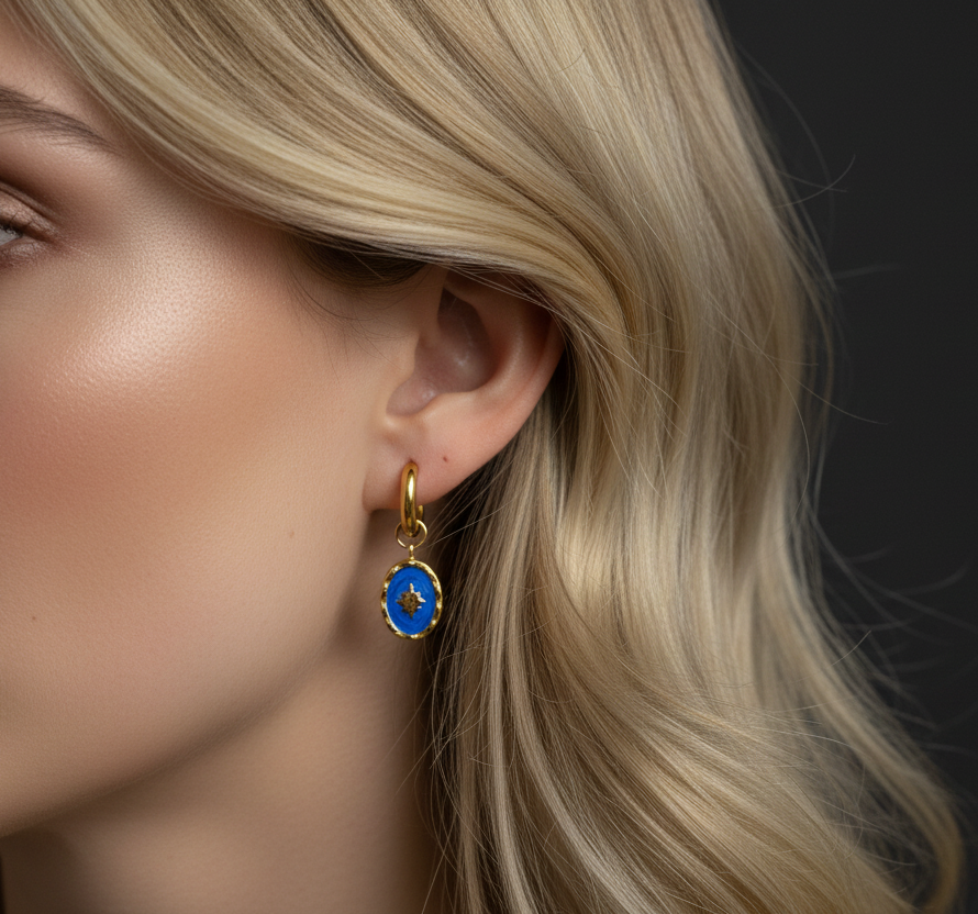 Gold Enamel Star Hoop Earrings