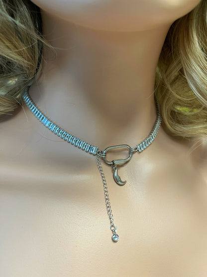 Silver Cut Cubic Zirconia Tennis Choker with Moon Charm