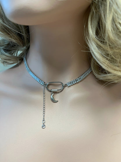 Silver Cut Cubic Zirconia Tennis Choker with Moon Charm