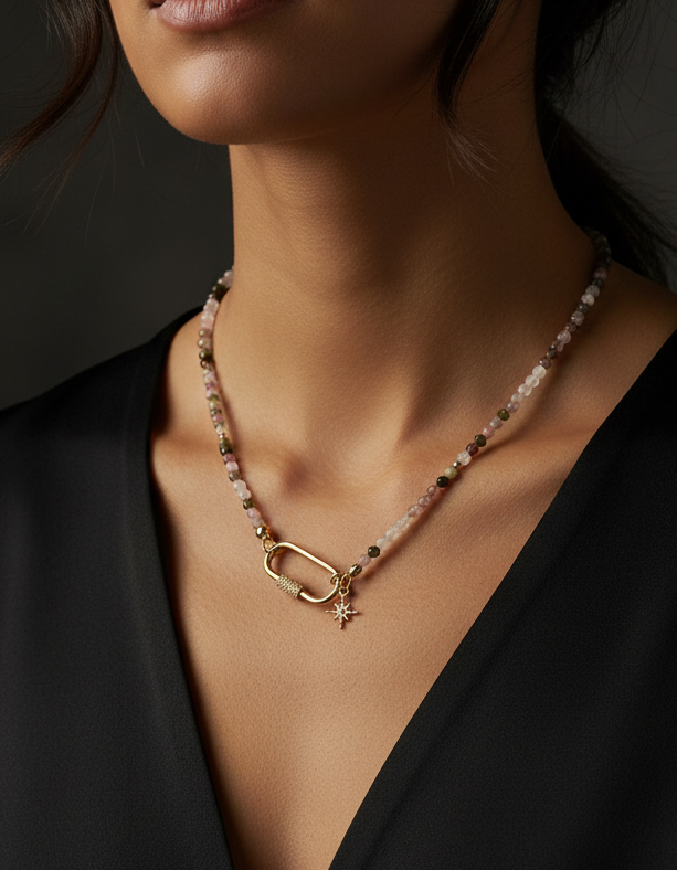 Delicate Tourmaline Gemstone Carabiner Necklace
