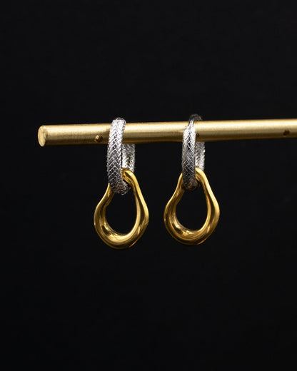 Mixed Metal Small Hoop Earrings with Organic Drop Charms