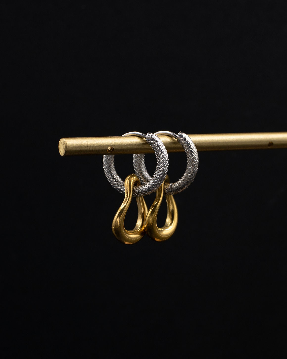 Mixed Metal Small Hoop Earrings with Organic Drop Charms