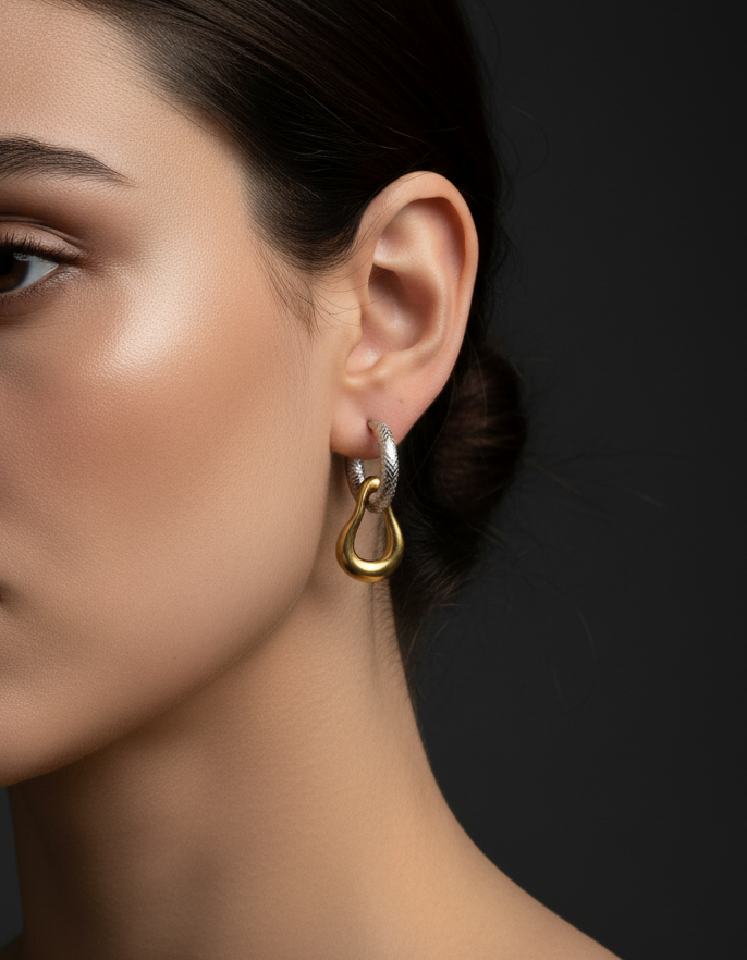 Mixed Metal Small Hoop Earrings with Organic Drop Charms