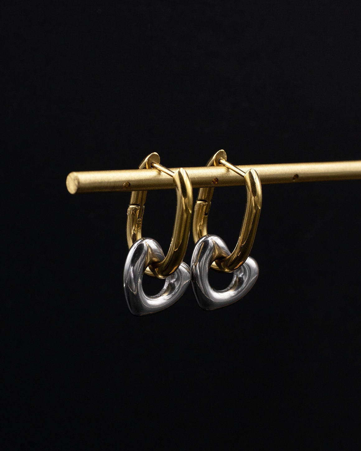 Mixed Metal Heart Chain Link Hoop Earrings