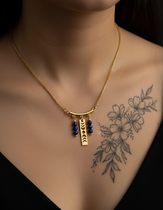 Gold Moon Phase Necklace with Lapis Lazuli