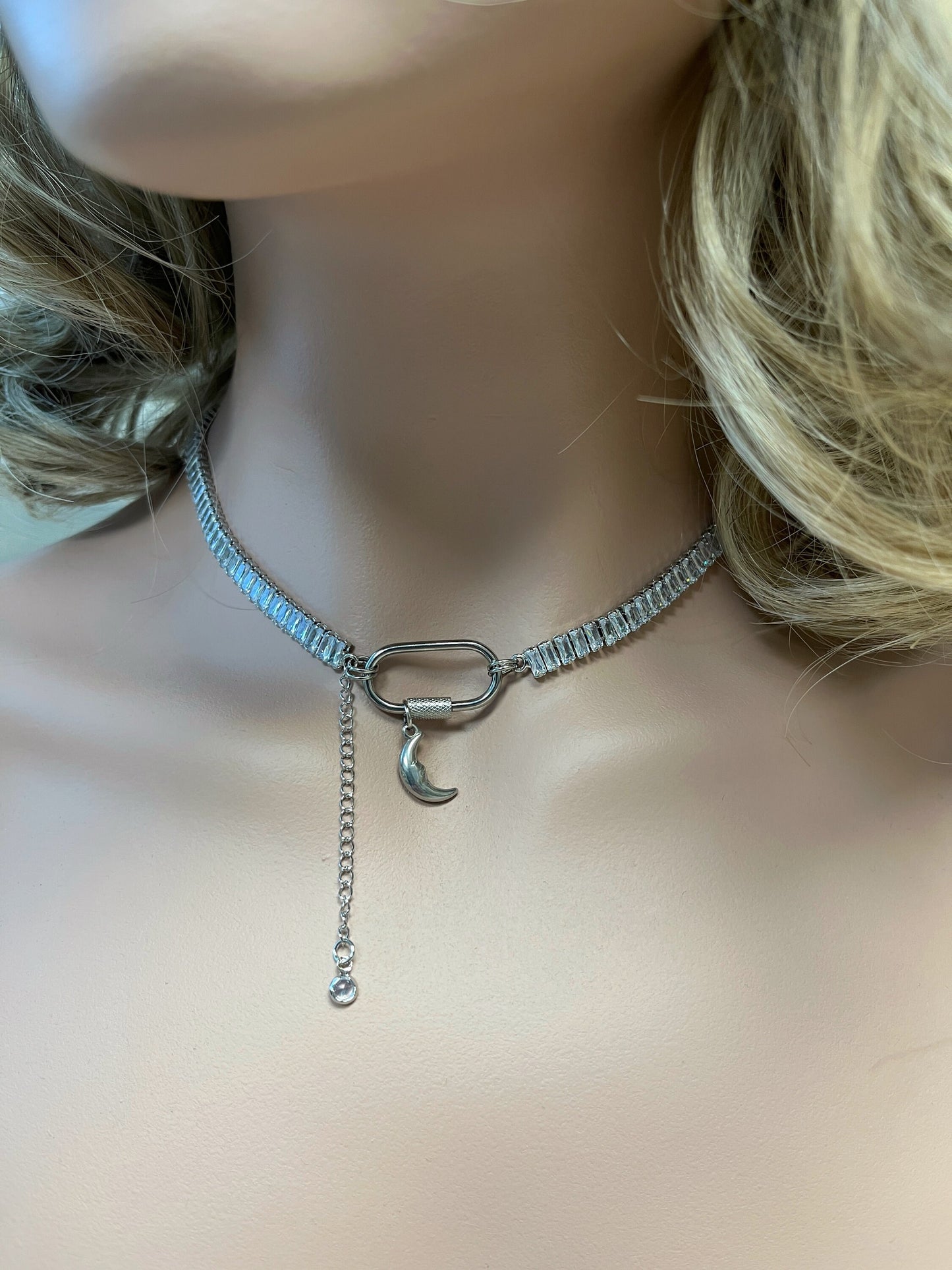 Gold Cubic Zirconia Tennis Carabiner Choker with Moon
