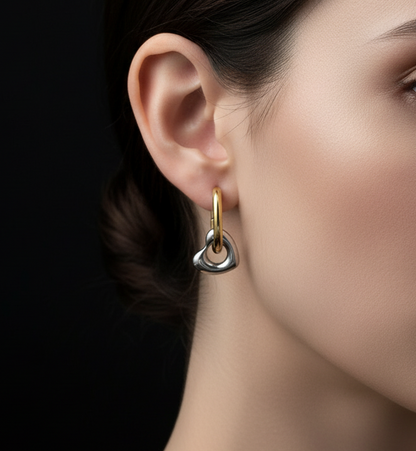 Mixed Metal Heart Chain Link Hoop Earrings